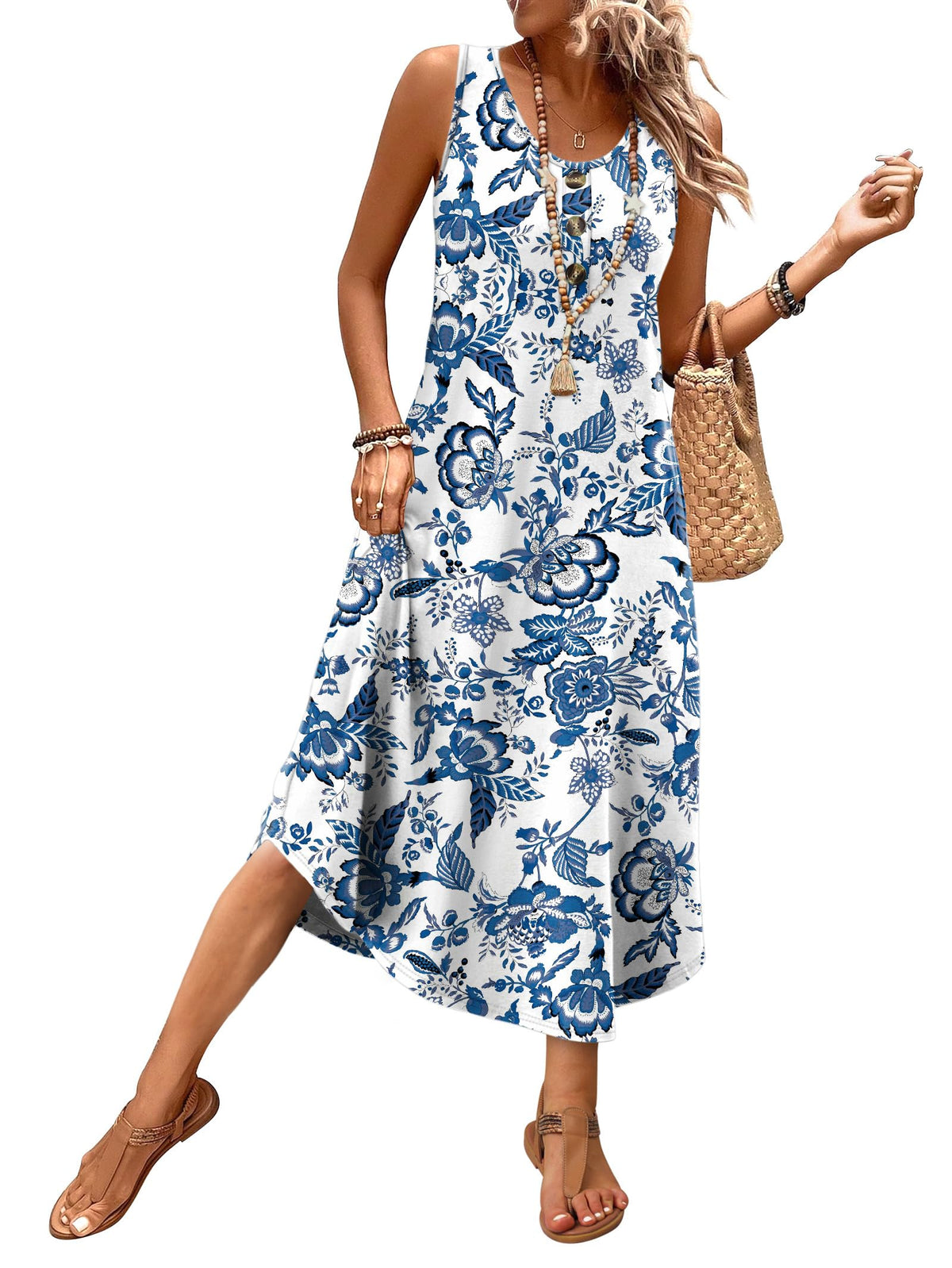 WIHOLL Summer Dresses for Women 2026 Button Front Sleeveless Casual Midi Dress Beach Vacation Sundresses with Pockets