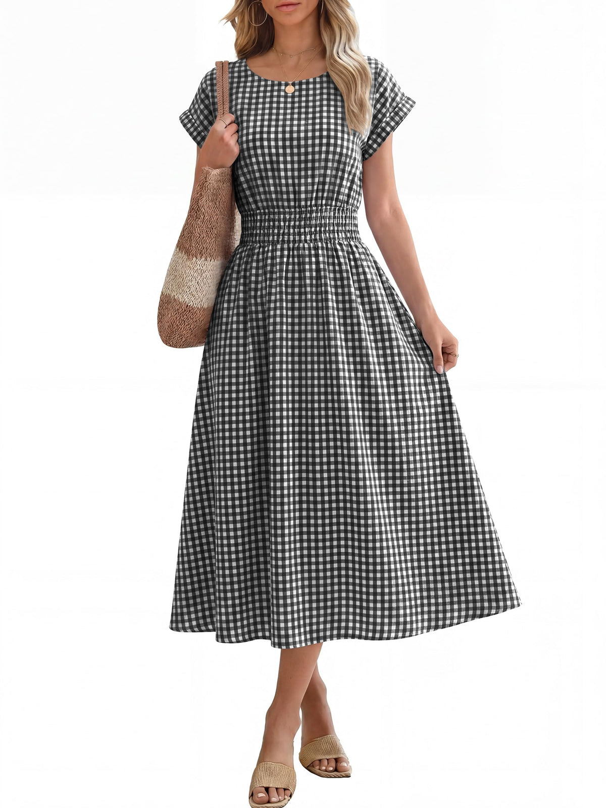 ANRABESS Womens Summer Midi Dress Striped Casual Short Sleeve Crewneck Empire Waist 2026 Flowy Long Beach Dress with Pockets