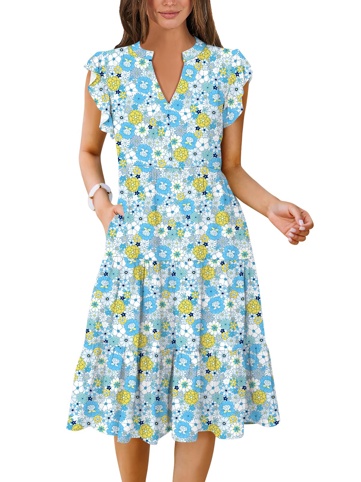 ANRABESS Womens Summer Dress Ruffle Sleeve V Neck Midi Dresses Fashion Casual Fit Flowy Tiered Boho Beach Vacation Sundress