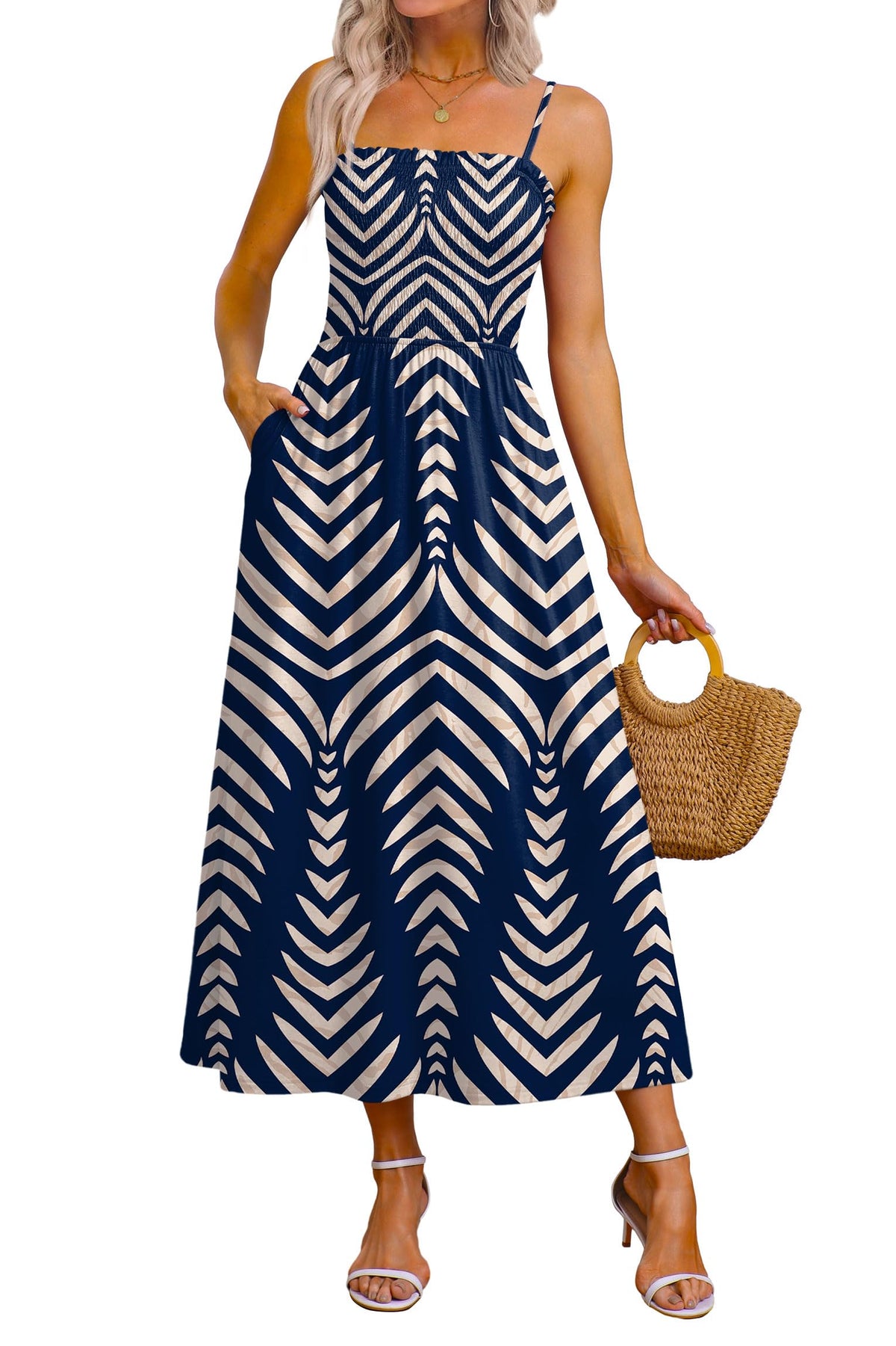 OFEEFAN Womens Spaghetti Strap Maxi Dresses Smocked with Pockets 2026 Summer Spring Casual Boho Beach Long Sundresses