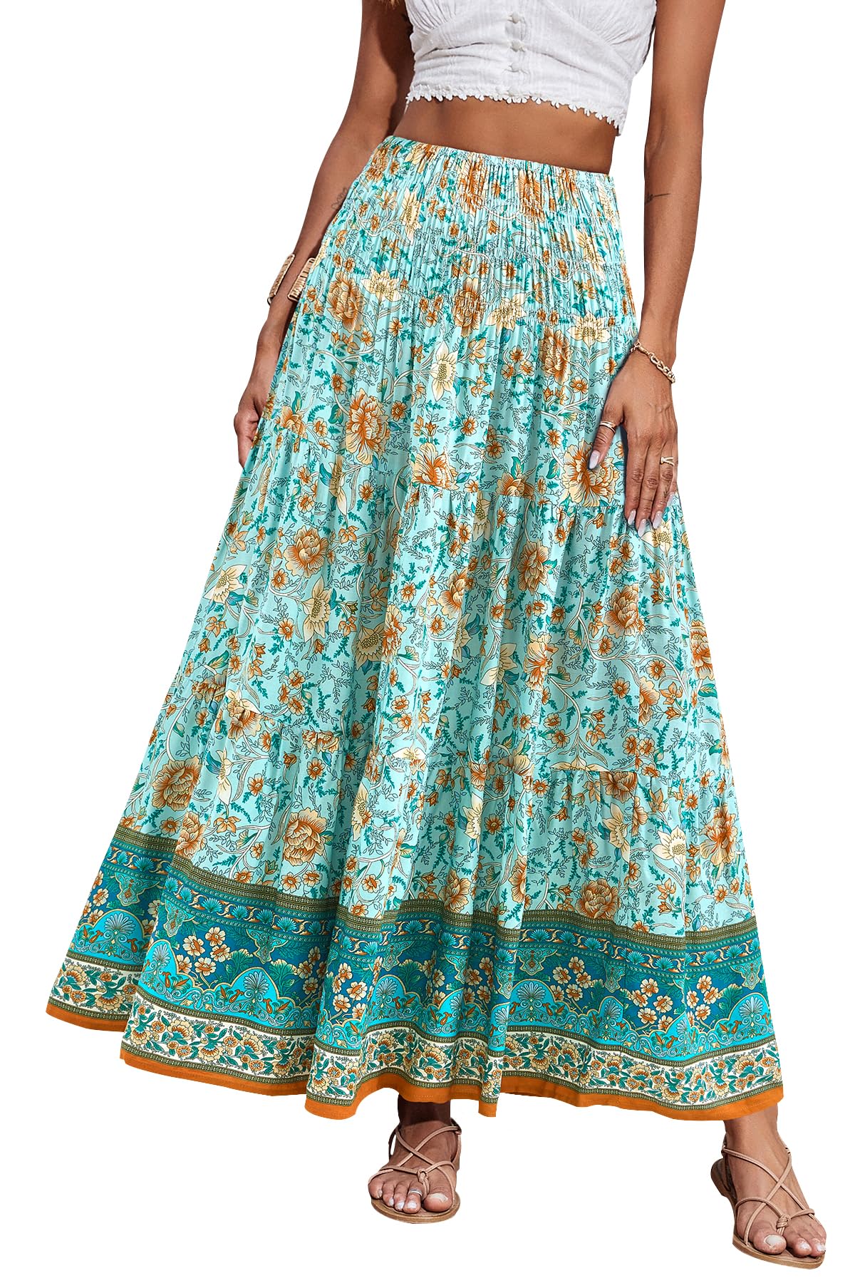 CFLONGE Summer Maxi Skirts for Women 2026 Fashion Boho Long Skirt Trendy Floral High Waist A Line Beach Skirt Vacation Outfit