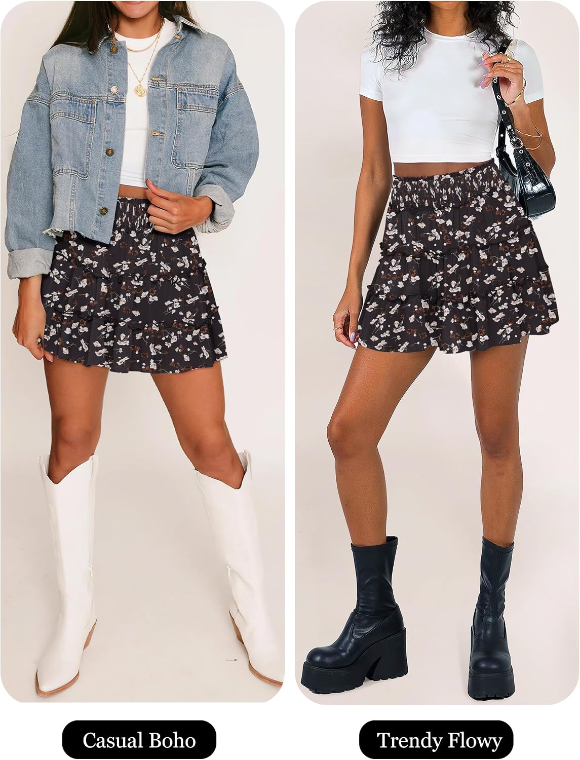 Caracilia Womens Summer Flowy Mini Skorts Skirts High Waist Ruffle Tiered Casual Cute Boho Beach Short Skirts Built-in Shorts