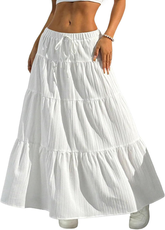 DERAX Women's Boho Flowy White Maxi Skirt Flared Ruffle Elastic Waist Summer A Line 2026 Spring Long Skirts