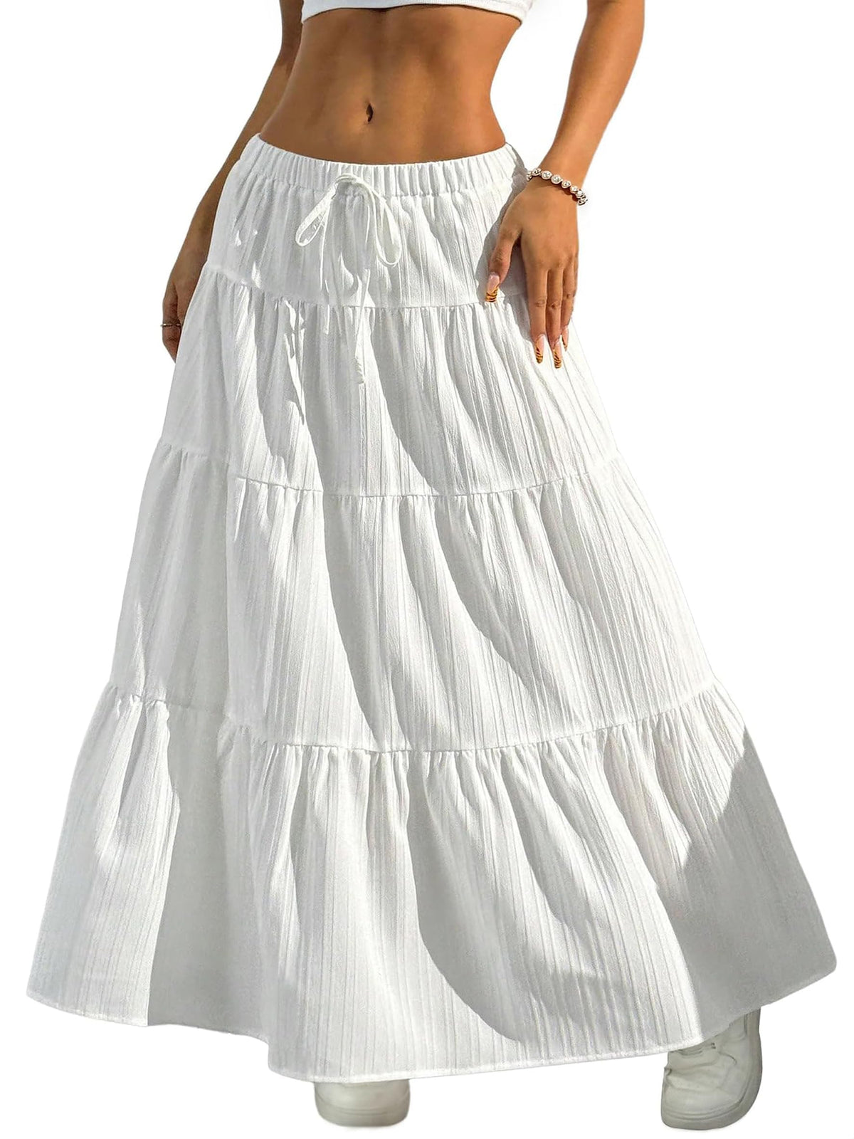 DERAX Women's Boho Flowy White Maxi Skirt Flared Ruffle Elastic Waist Summer A Line 2026 Spring Long Skirts