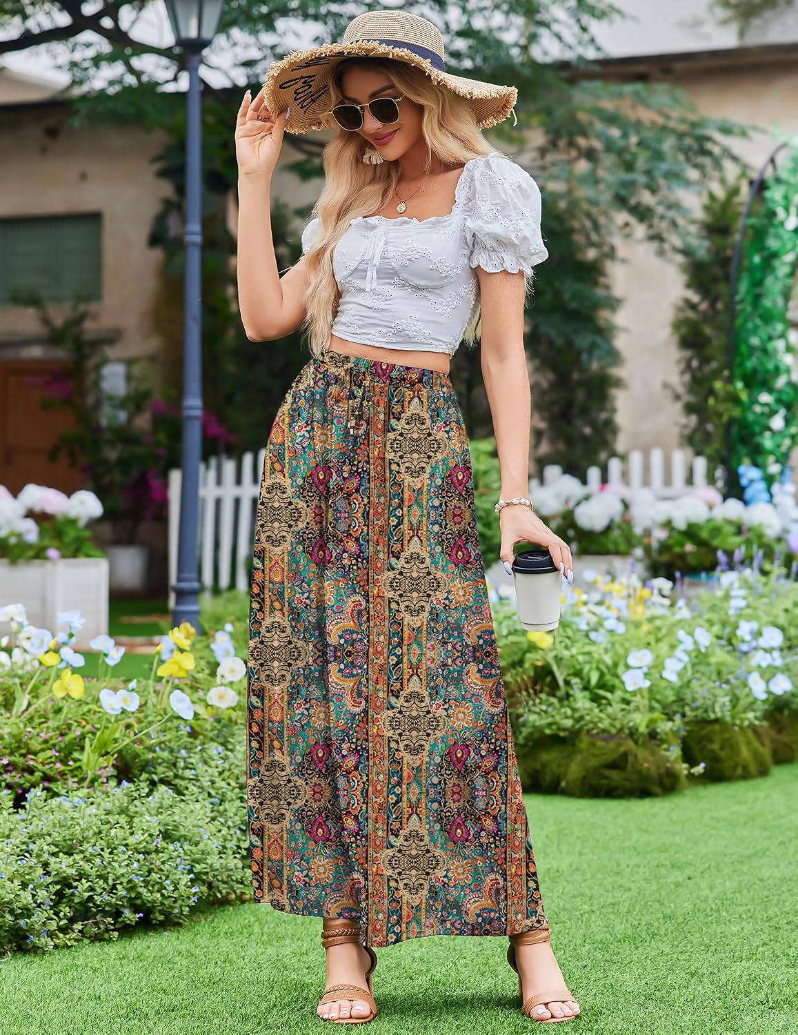 Zeagoo Women's 2026 Boho Floral Skirt Casual Elastic High Waist Maxi Skirts Flowy A Line Beach Long Skirt with Side Pockets