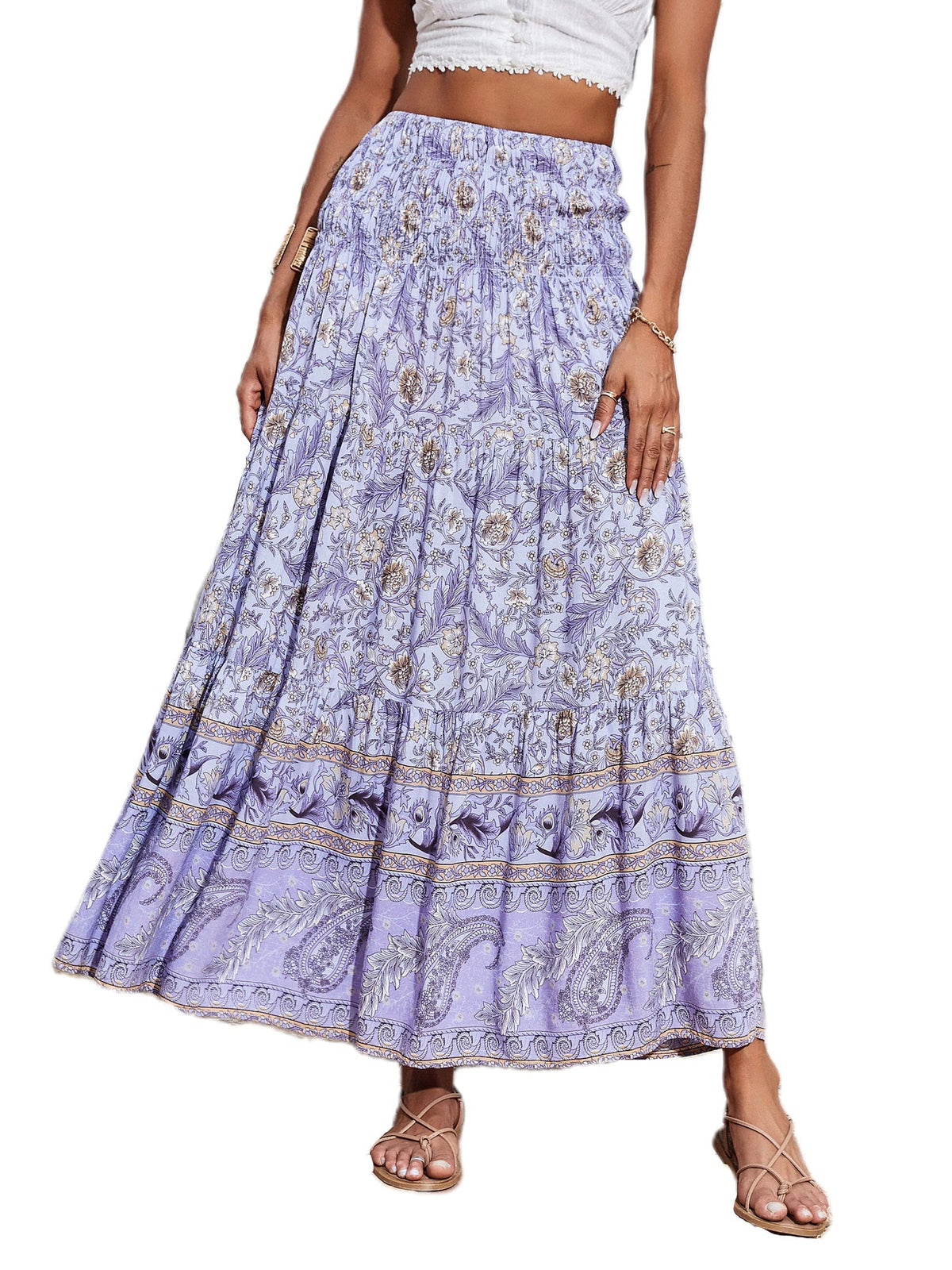 CFLONGE Summer Maxi Skirts for Women 2026 Fashion Boho Long Skirt Trendy Floral High Waist A Line Beach Skirt Vacation Outfit