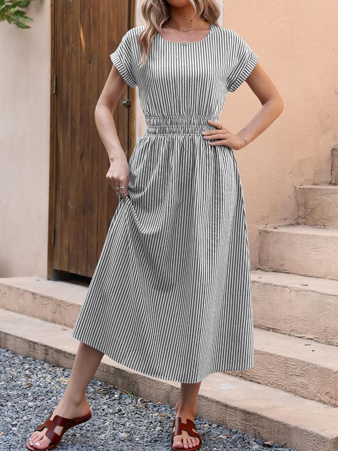 ANRABESS Womens Summer Midi Dress Striped Casual Short Sleeve Crewneck Empire Waist 2026 Flowy Long Beach Dress with Pockets