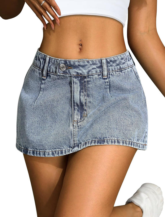 IWD Denim Mini Skirt for Women Low Waisted Jean Micro Skort with Shorts Stretch Casual Jean Skirt