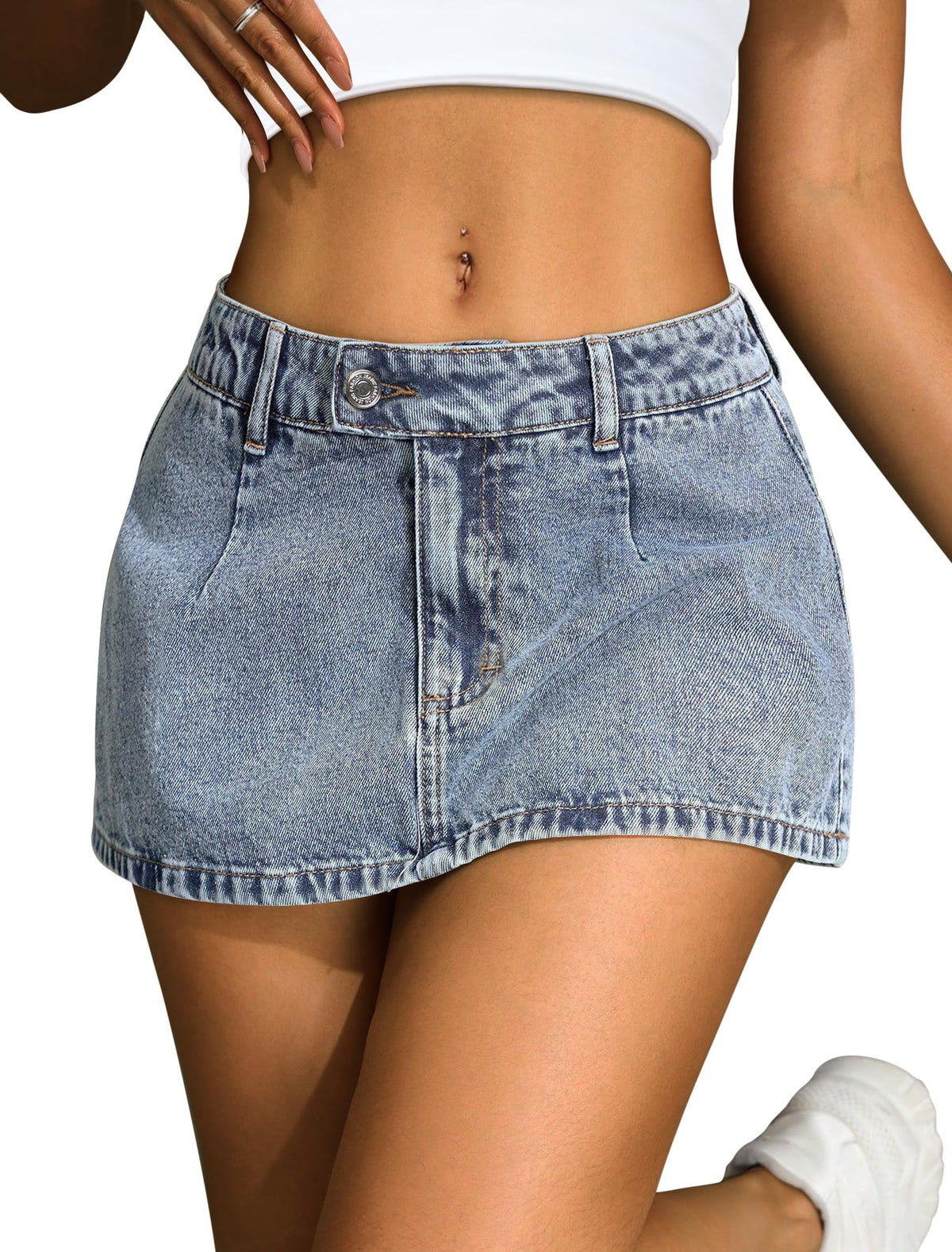 IWD Denim Mini Skirt for Women Low Waisted Jean Micro Skort with Shorts Stretch Casual Jean Skirt