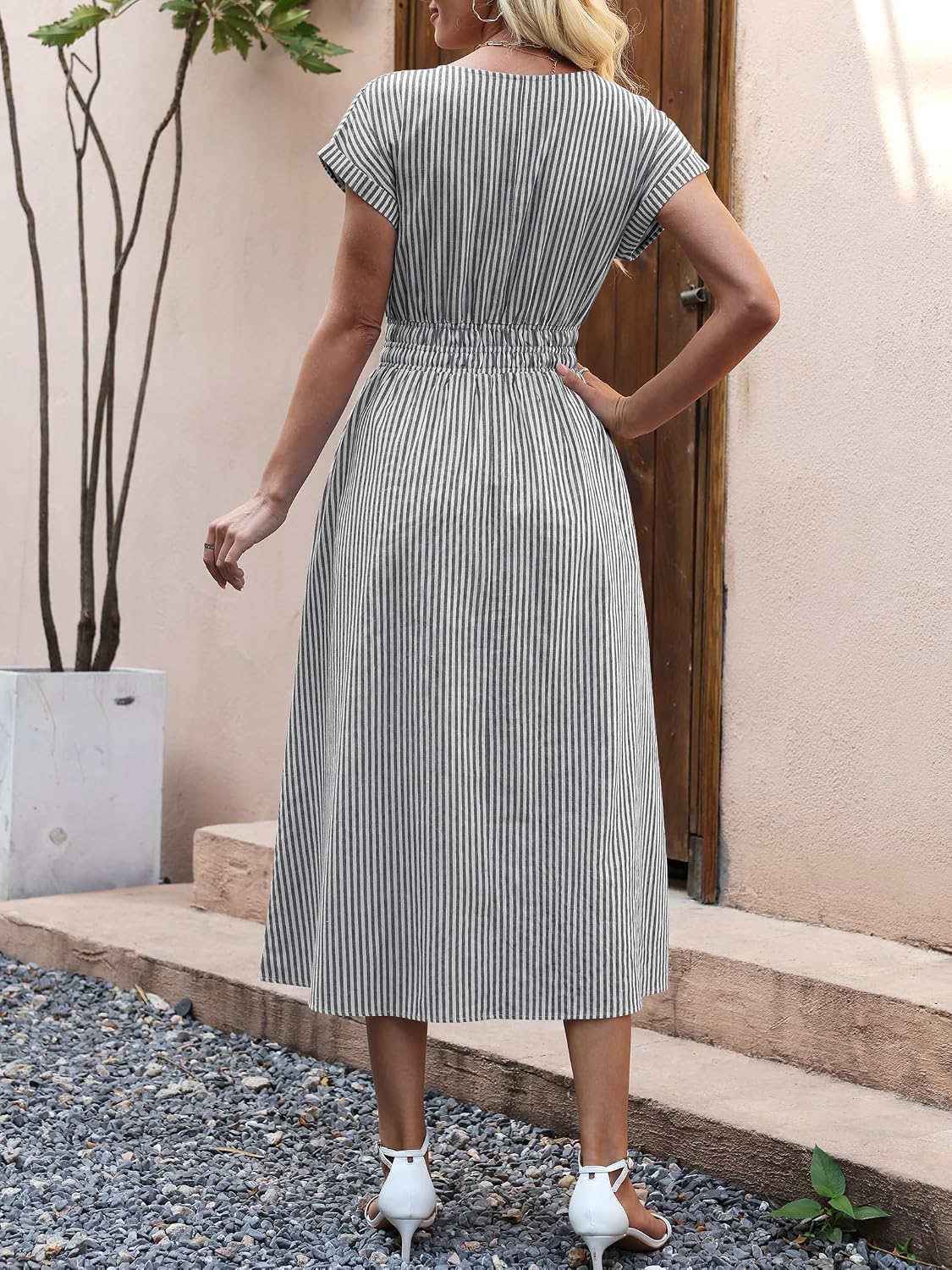 ANRABESS Womens Summer Midi Dress Striped Casual Short Sleeve Crewneck Empire Waist 2026 Flowy Long Beach Dress with Pockets