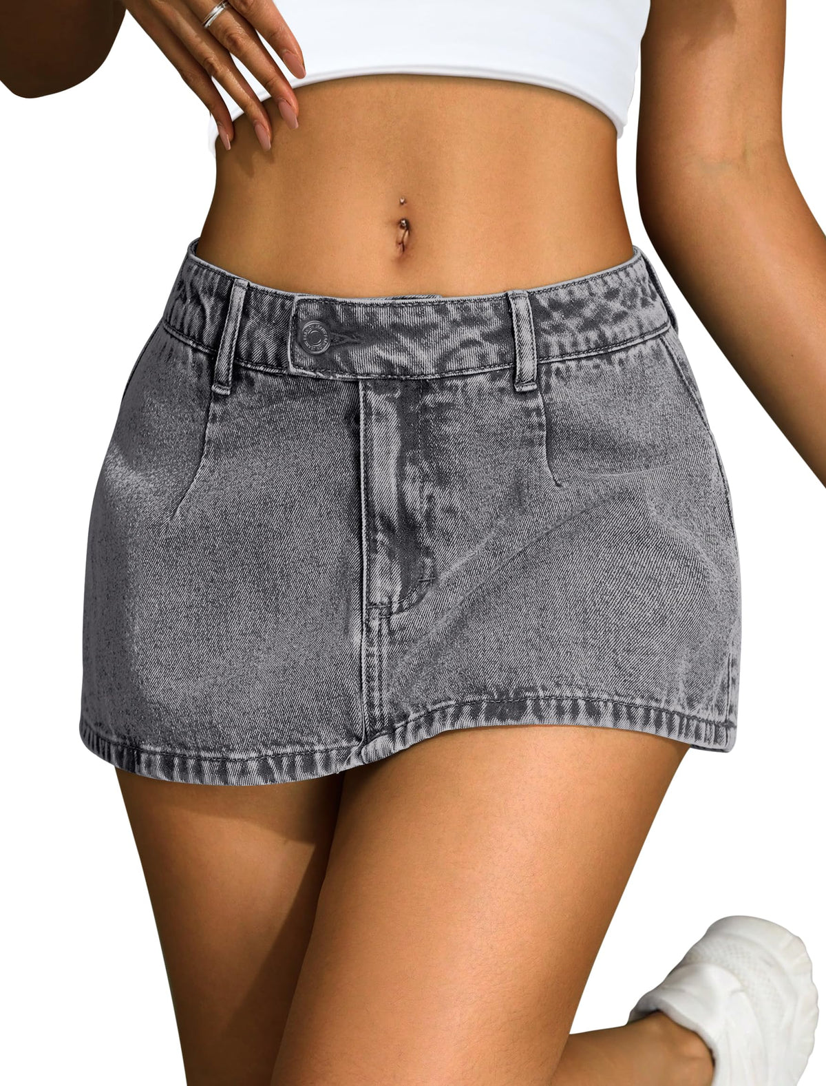 IWD Denim Mini Skirt for Women Low Waisted Jean Micro Skort with Shorts Stretch Casual Jean Skirt
