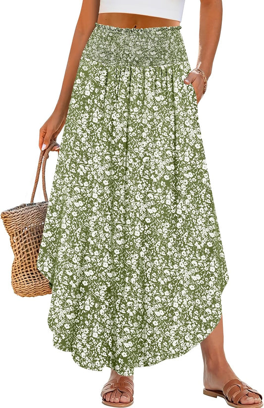 ANRABESS Women's Maxi Skirts Summer Boho Floral High Waisted Flowy Swing Pleated Beach Long Skirt with Pockets