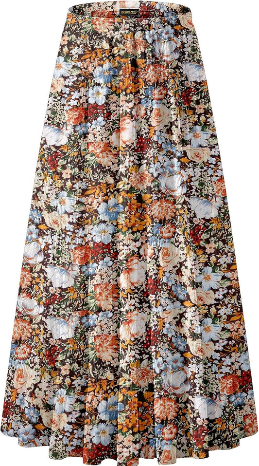 NASHALYLY Women's Chiffon Elastic High Waist Pleated A-Line Flared Maxi Skirts