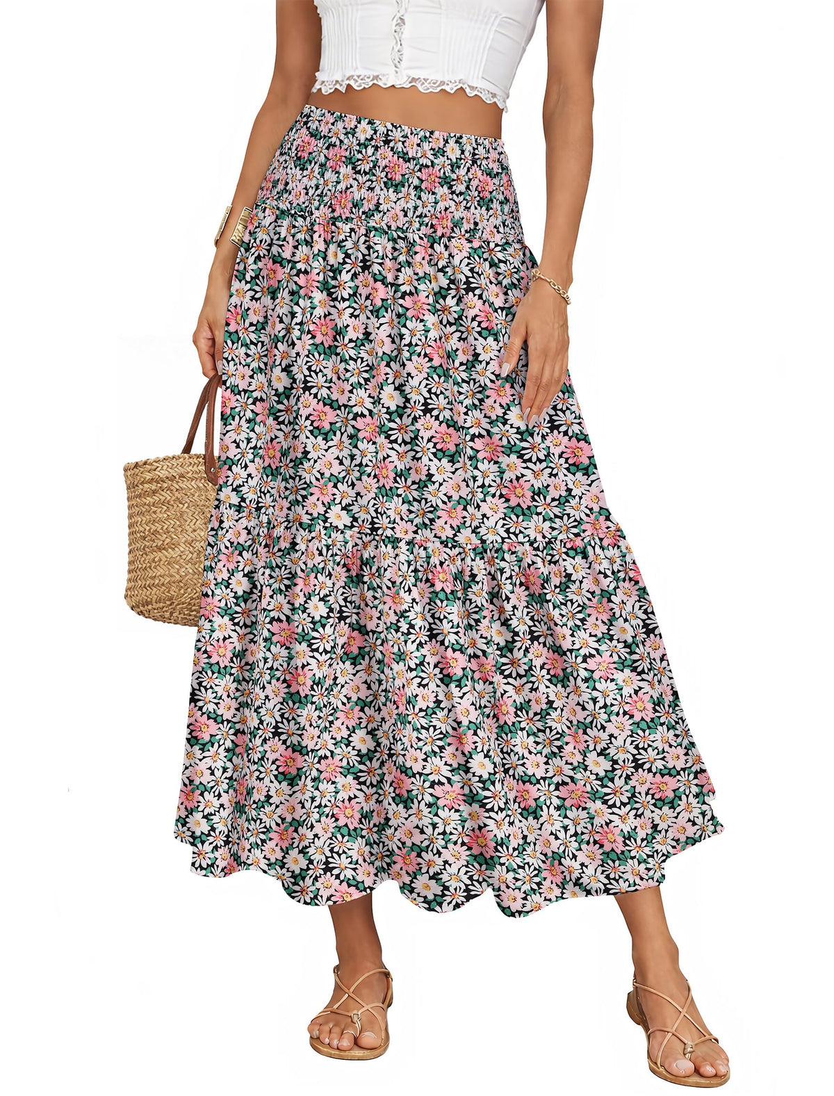 IWD Summer Long Skirts for Women Casual Smocked Elastic Waist Floral Maxi Skirt Flowy Swing A-Line Boho Skirt
