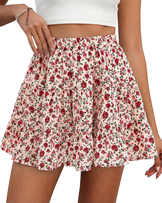 BTFBM Summer Skirts for Women 2026 Floral High Waist Shorts Underneath Boho Tiered Flowy Tennis Skorts Casual Mini Skirt