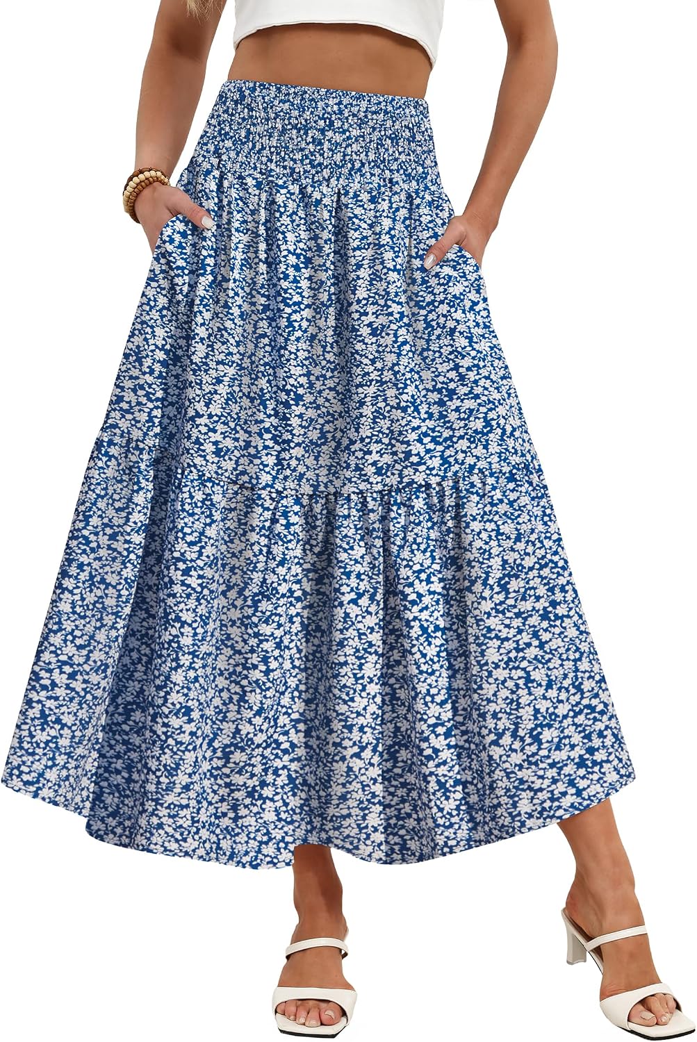 IWD Summer Long Skirts for Women Casual Smocked Elastic Waist Floral Maxi Skirt Flowy Swing A-Line Boho Skirt